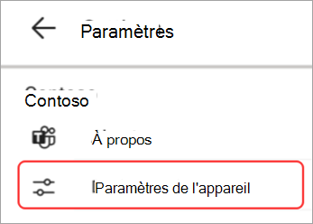 Capture d’écran de l’interface utilisateur des paramètres de l’appareil mise en évidence dans écran Teams