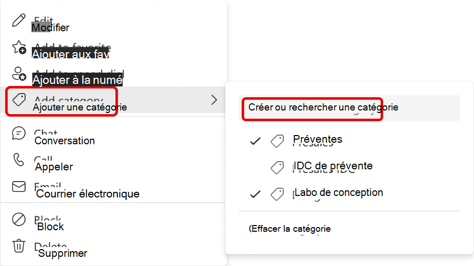 Capture d’écran du menu Ajouter un contact à une catégorie