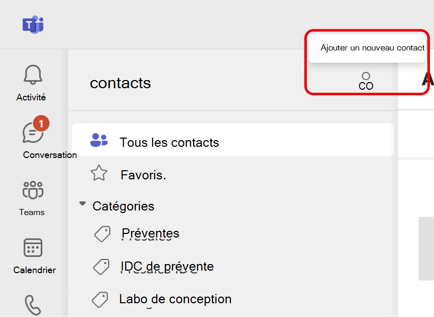 Capture d’écran de l’icône Ajouter un nouveau contact dans Teams People App