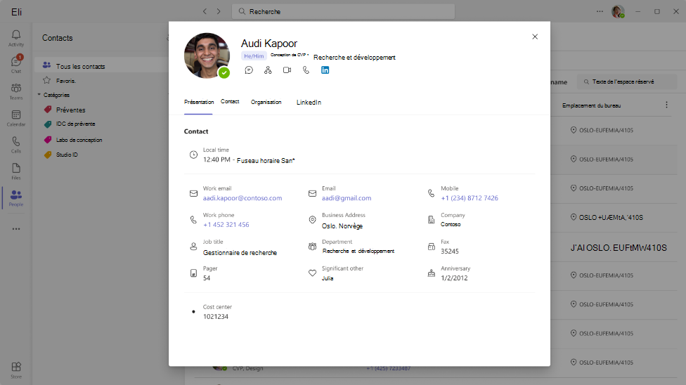 Capture d'écran de la carte de contact dans l'application Teams People