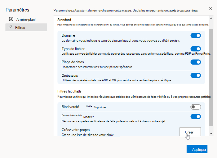 Capture d’écran de la section filtres dans les paramètres avec une souris sélectionnant Créer lors de la création de votre propre