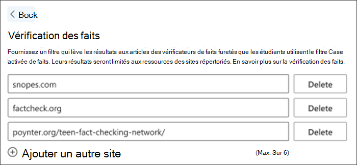 Capture d’écran de l’option de fait case activée dans les paramètres. Trois sites de vérification des faits par défaut sont répertoriés : ils peuvent être supprimés et d’autres peuvent être ajoutés pour répondre aux besoins des enseignants