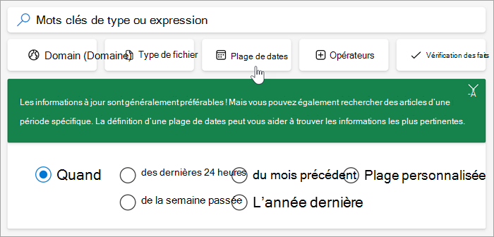 Capture d’écran des options de plage de dates, dernières 24 heures, semaine passée, mois dernier, année précédente, plage personnalisée