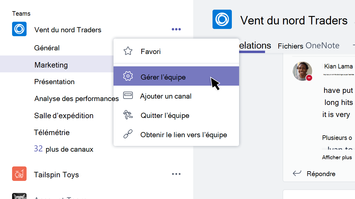 Menu Équipe avec l'option Gérer l'équipe sélectionnée
