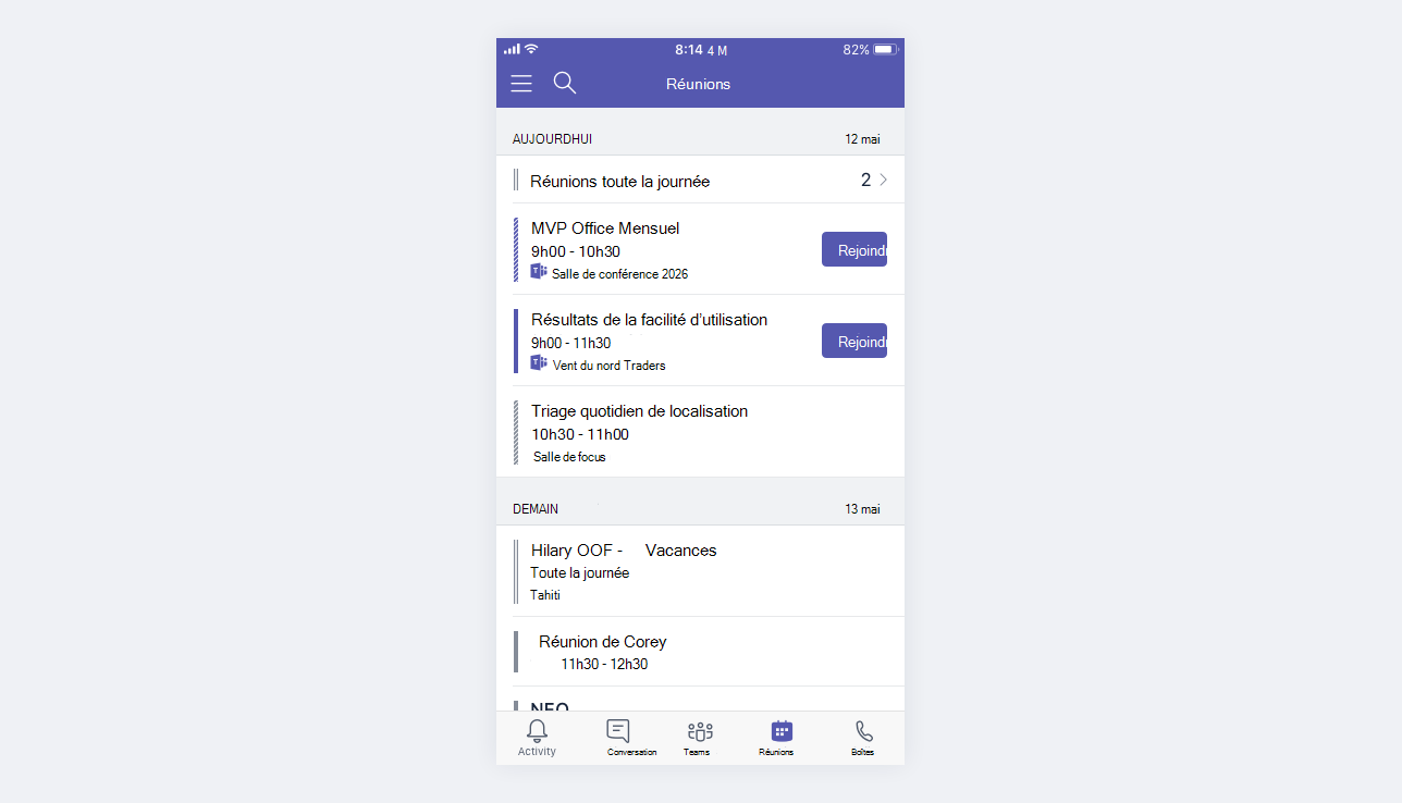 Calendrier des réunions sur appareil mobile