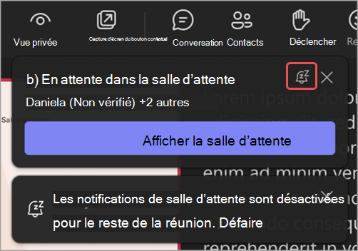 Capture d’écran d’une notification de salle d’attente mettant en évidence l’icône Désactiver ces notifications.