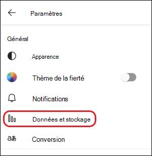 Paramètre Teams-mobile-data et stockage