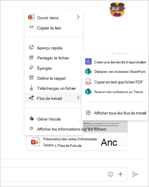 Capture d’écran montrant le menu de flux de travail ouvert à partir d’un fichier partagé