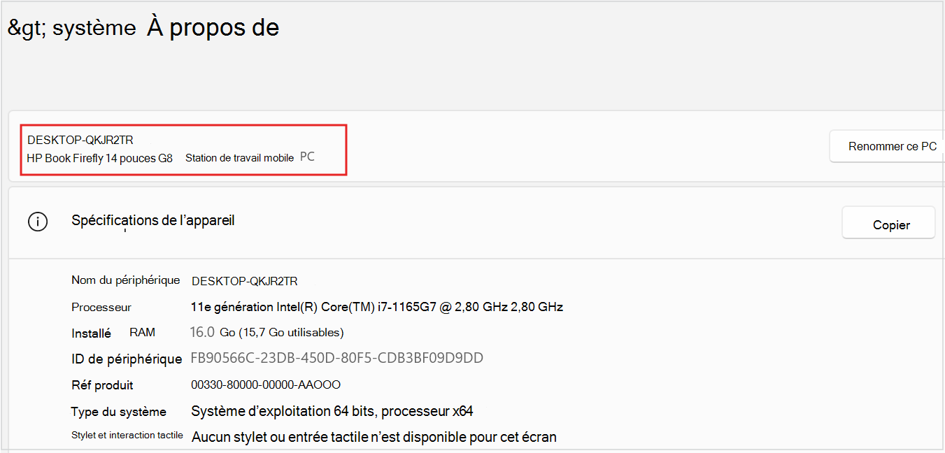 Capture d’écran du nom et du modèle de l’appareil pc