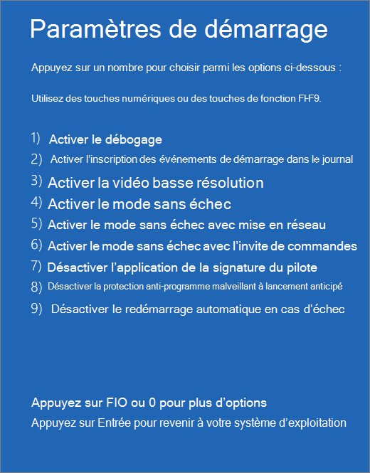 Capture d’écran de la liste des paramètres de démarrage.