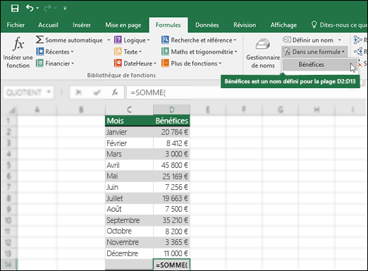 Cliquez sur Utiliser dans la formule pour ajouter un nom défini à une syntaxe de formule