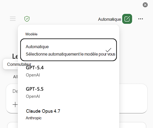 Capture d’écran du menu du sélecteur de modèles Copilot dans Excel, avec sélection automatique.