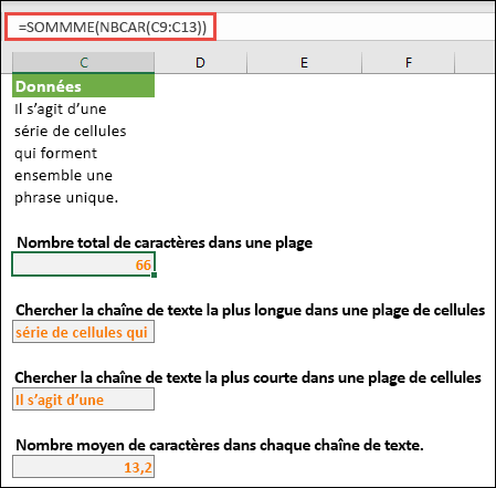 Compter le nombre total de caractères dans une plage, et d’autres tableaux pour l’utilisation de chaînes de texte