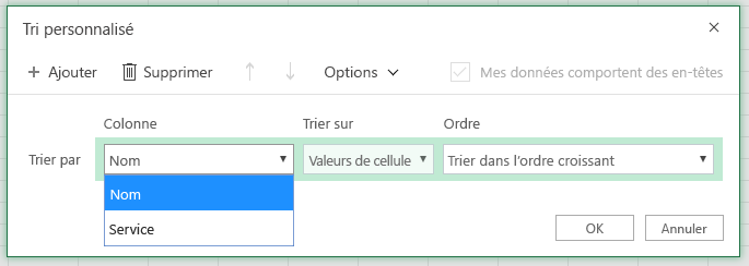 Boîte de dialogue de tri personnalisée avec la colonne trier par ligne est sélectionnée sur le nom de la colonne