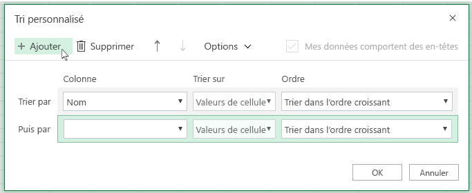 Après avoir cliqué sur Ajouter un autre niveau de tri s’affiche dans la liste près de Then By