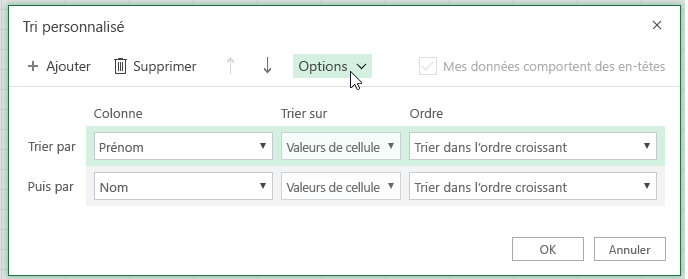 Boîte de dialogue Tri personnalisé avec la case d’option sélectionnée