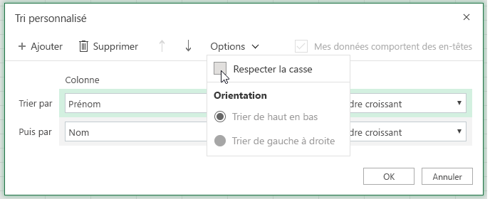 Boîte de dialogue tri personnalisé lorsque sensible à la casse est sélectionné
