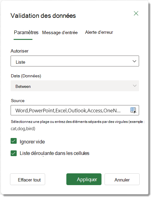 Paramètres de validation des données