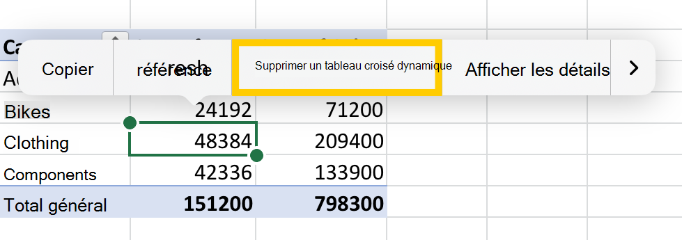 Option Supprimer le tableau croisé dynamique du menu contextuel de l’iPad.