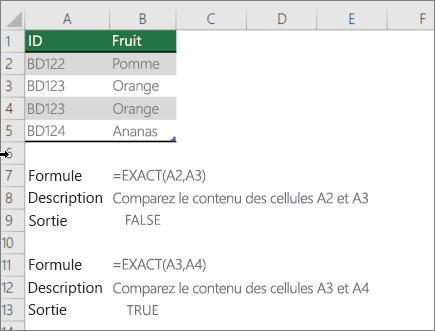 Exemple utilisant la fonction EXACT pour comparer une cellule à une autre