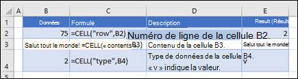 Exemples de fonctions CELL