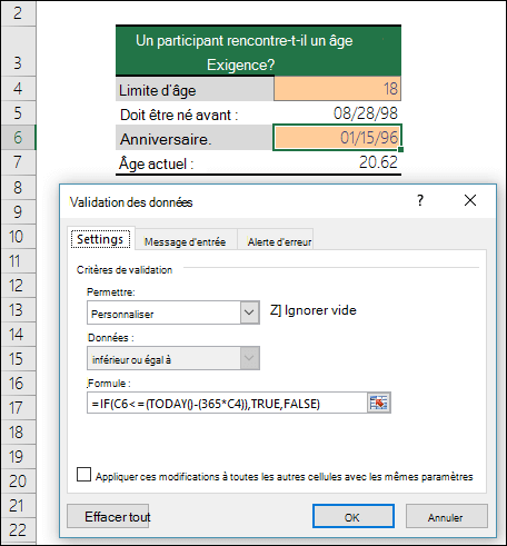 validation de données pour limiter une entrée à un âge minimal