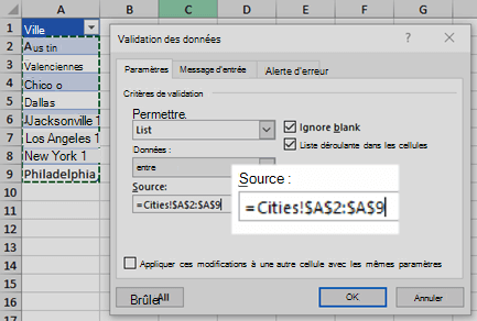 Options de la liste de validation des données