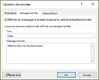 Option Message de saisie de Validation des données