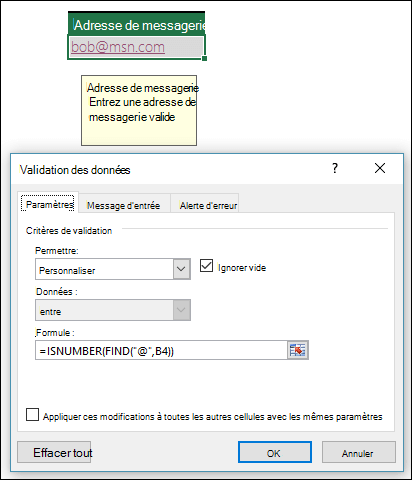 validation de données garantissant qu’une adresse de messagerie contient le symbole @