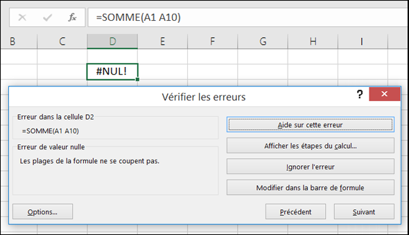 Déplacer la boîte de dialogue Vérification des erreurs en dessous de la barre de formule