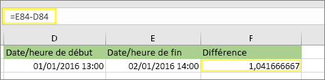 =E84-D84 et résultat de 1,041666667