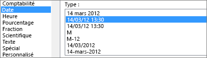 Boîte de dialogue Format des cellules, commande Date, 14/03/12 13:30 type