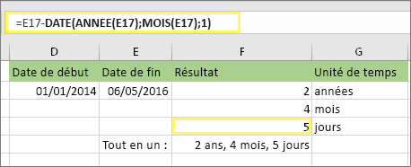 =DATEDIF(D17,E17,md) et résultat : 5