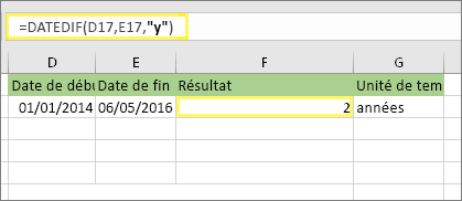 =DATEDIF(D17,E17,y) et résultat : 2