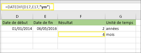 =DATEDIF(D17,E17,ym) et résultat : 4
