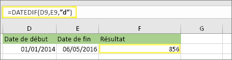 =DATEDIF(D9,E9,d) avec le résultat de 856