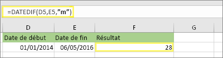 =DATEDIF(D5,E5,m) et résultat : 28