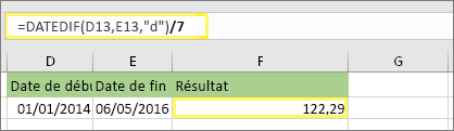 =(DATEDIF(D13,E13,d)/7) et résultat : 122,29
