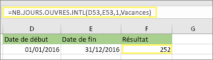 =NETWORKDAYS. INTL(D53,E53,1,MyHolidays) et résultat : 252