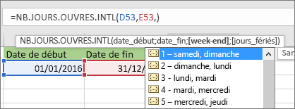 Liste IntelliSense montrant 2 - Dimanche, Lundi ; 3 - Lundi, Mardi, etc.