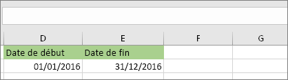 La date de début dans la cellule D53 est le 1/1/2016, la date de fin est dans la cellule E53 est le 31/12/2016