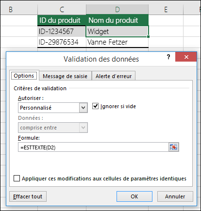 Exemple 2 : Formules dans la validation des données