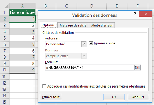 Exemple 4 : Formules dans la validation des données