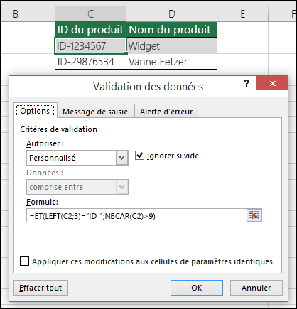 Exemple 6 : Formules dans la validation des données
