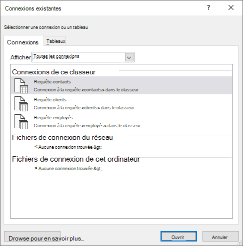La boîte de dialogue Connectios existante dans Excel affiche la liste des sources de données actuellement utilisées dans le classeur