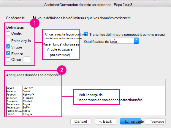 Étape 2 de l’Assistant, sous Séparateurs, sélectionnez les modalités de fractionnement de vos données. Sous Aperçu, vous pouvez afficher un aperçu de vos données