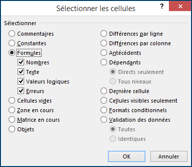 Boîte de dialogue Sélectionner les cellules