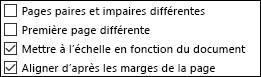 Options d’en-tête et de pied de page dans la boîte de dialogue Mise en page