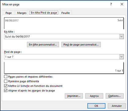 Mise en page > Options En-tête et Pied de page