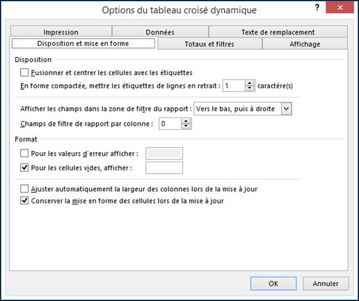 Boîte de dialogue Options du tableau croisé dynamique